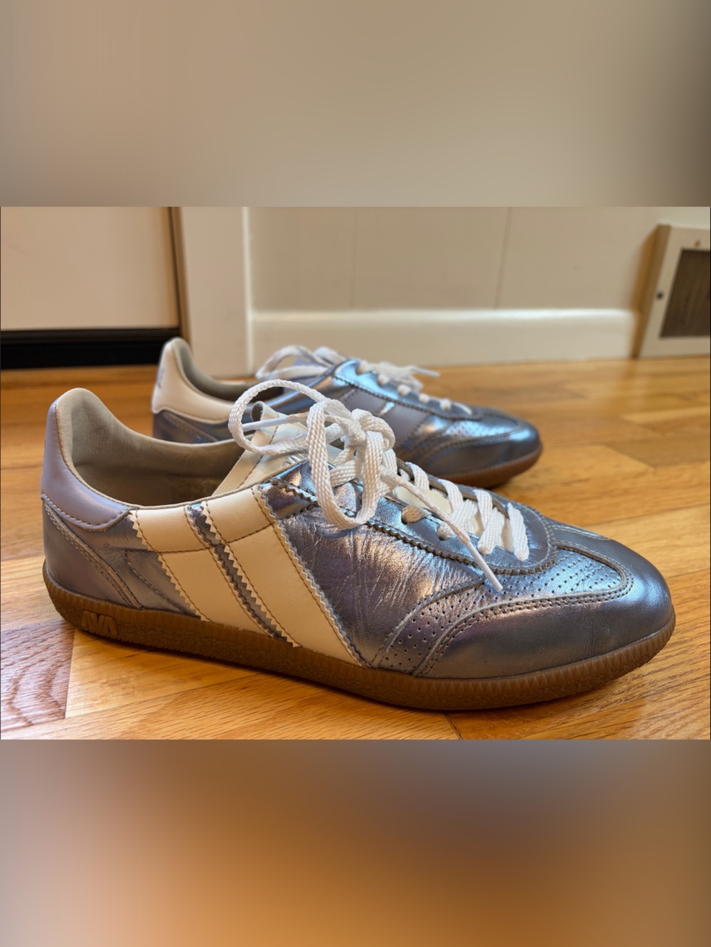 Metallic Blue Women's Leather Sneakers with White Stripes